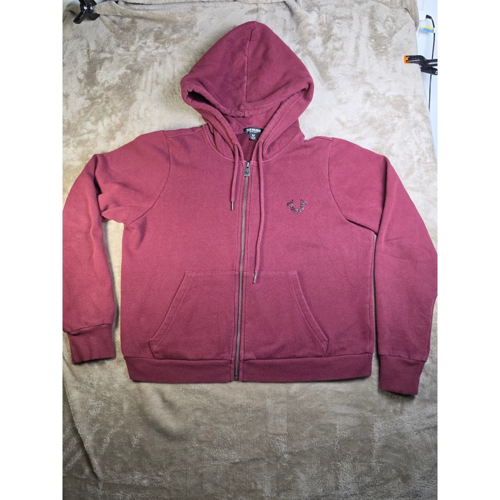 True Religion Crystal Icon Zip Hoodie Burgundy Rhinestone Buddha XL 43738-00